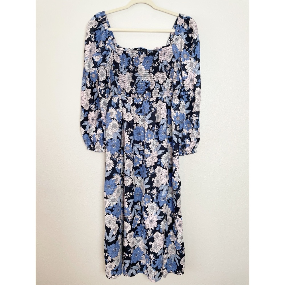 J Crew blue linen daydream zinnia floral smocked 3/4 sleeve dress L Tall - Picture 3 of 15